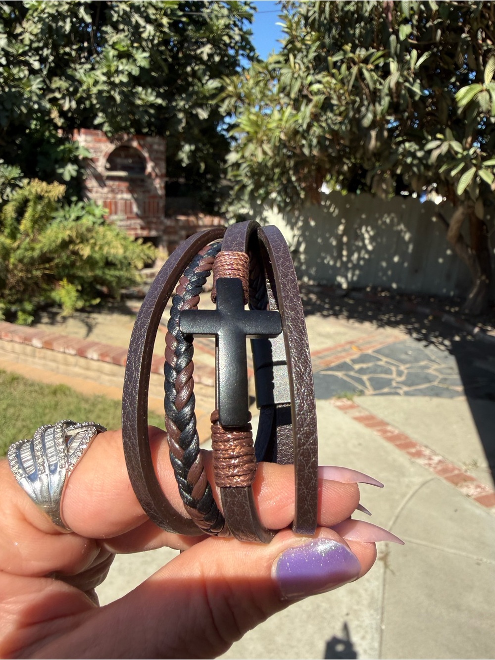 Men's Dark Brown Leather Wrap Bracelet with Black Cross